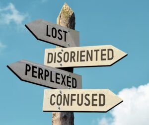 Sign post showing Lost, Disoriented, Perplexed and confused