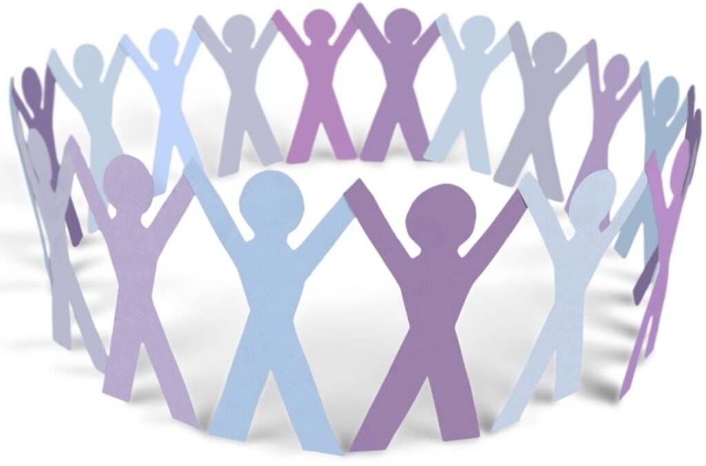 Illustration of paper people in a circle, representing community, connection, and support